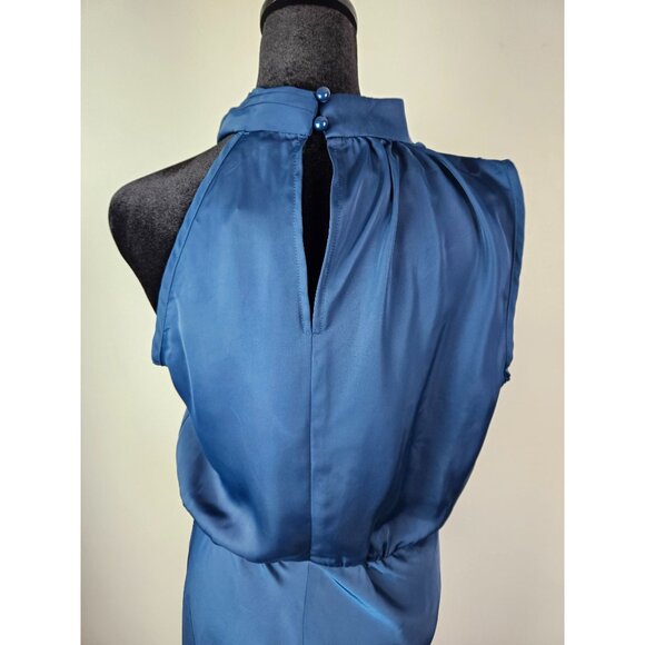 Elegant Womens Navy Satin Halter Neck Midi Dress Keyhole Pearl Size S Wedding - Picture 8 of 12